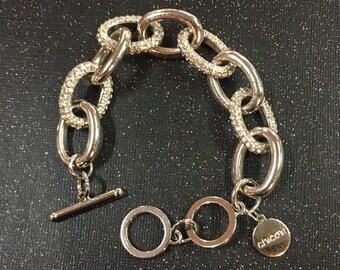 Large Chicos Chain Link Rhinestone Silvertone Bracelet Togle Clasp