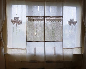 BOHO chic decor style, LARGE size linen and lace curtain exclusive design by linen artisan, Shabby chic net curtain
