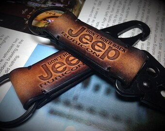 Jeep leather keychain. Personalized Custom leather car keychain with your name and Jeep Logo. Brown.