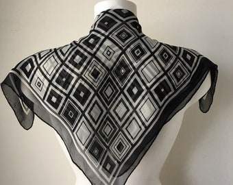 Silk chiffon scarf geometric patterns white black neck head scarf hand rolled edges minimalist print vintage 90s gift for her 20" square