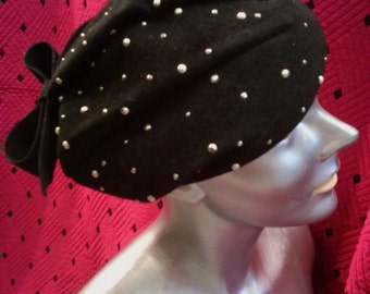 Vintage 1940s Hat Tilt Black Wool Sculptural Beret Pearl Studs