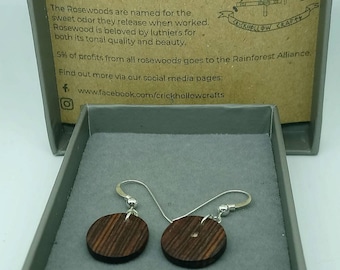 Honduras Rosewood Circle Drop Earrings- handcrafted jewellery by Crickhollow Crafts - bespoke by nature