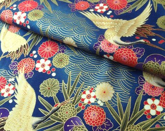 Japanese fabric, crane, blue background, cotton 110 x 50 (172B)