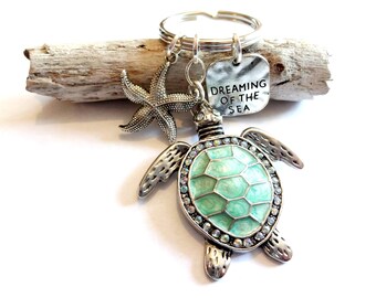 Sea Turtle Keychain, Turtle Jewelry, Dreaming of Sea Stamped Message Charm Keychain, Starfish Keychain, Sea Foam Green Ocean Car Accessory