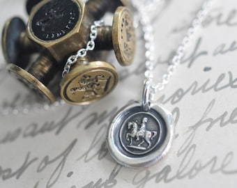 horse wax seal necklace - victorian woman on horseback - fine silver Victorian trinket wax seal jewelry - equestrian jewelry