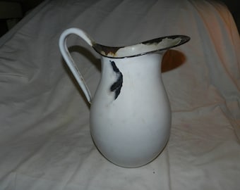 Large White Enamel Water Pitcher --- 60-04