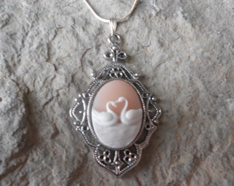 Stunning Two Swans (Heart) Cameo Pendant Necklace (pale peach)---.925 plated 22" Chain--- Great Quality