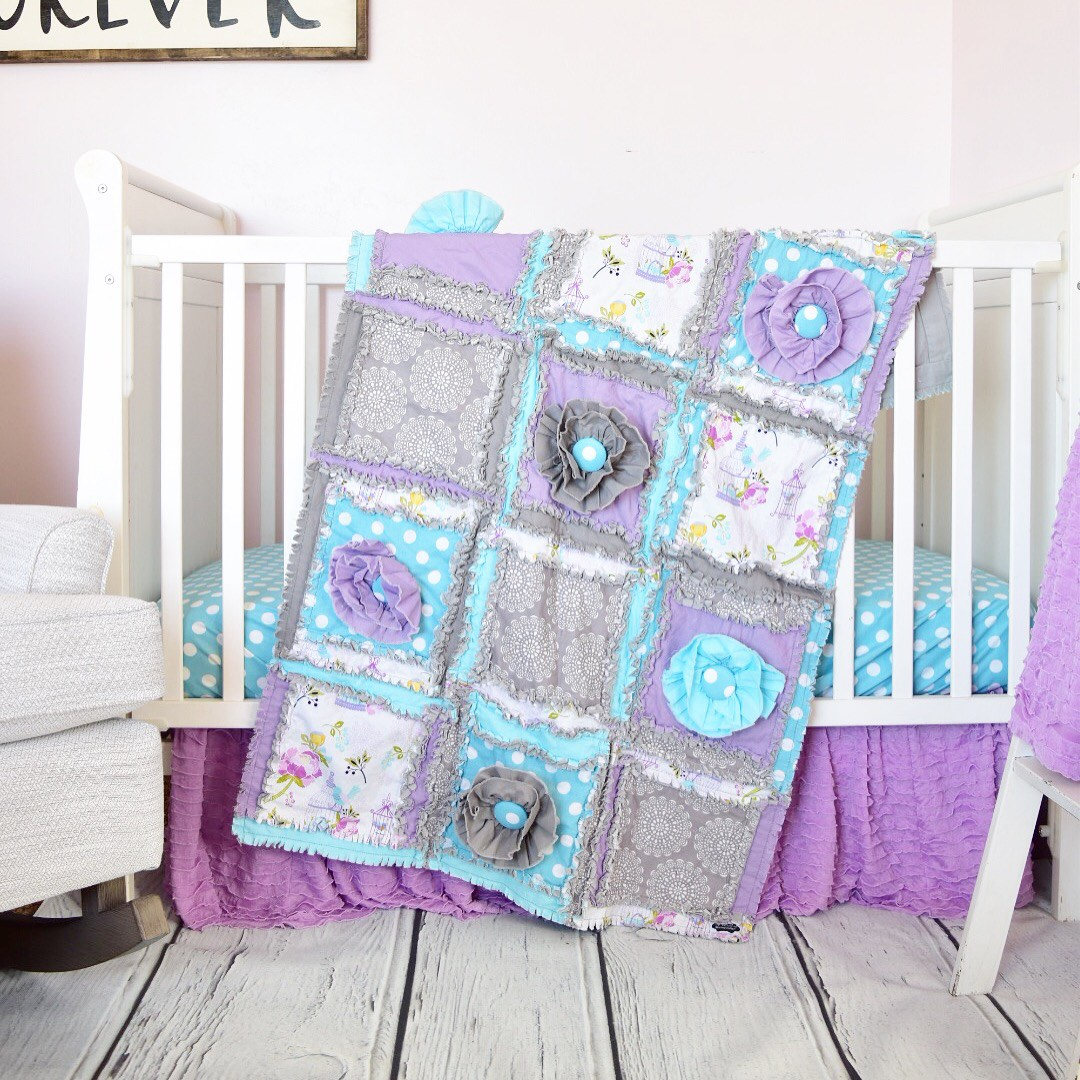 Baby Girl Crib Set Turquoise / Gray / Purple Baby Bedding