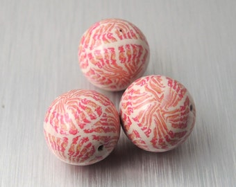 Polymer Clay Round Beads - Cream & Coral Stripe