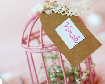 Place card pale pink bird cage | shabby chic wedding.