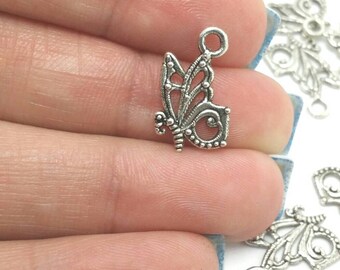 10 Butterfly Charms, Silver Butterflies, Garden Charms (1-1024)