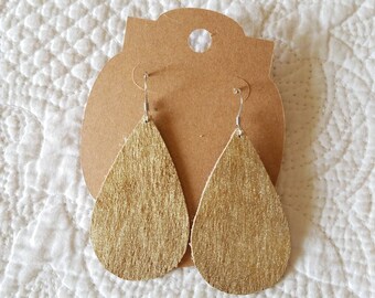 Genuine Leather Teardrop Earrings in Brushed Gold