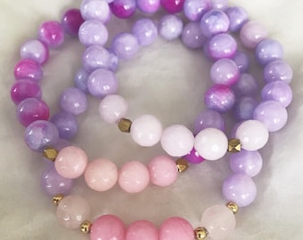 Fantasy Stack. Pink Purple Gold Gemstone Bracelet Set
