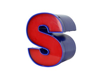 Salvaged Sign Letter S, Red and Blue Building Letter S, Channel Letter, Industrial Letter, 9 inch
