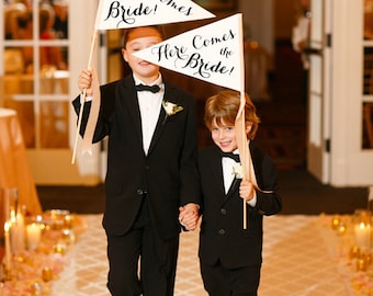 Here Comes The Bride Sign Large Pennant Flag (One Banner) Wedding Flower Girl Ring Bearer Page Boy Signage | Modern Script 1002 LW