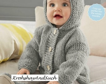 Baby Hooded Jacket, Chunky Easy Knit, Knitting Pattern. PDF Instant Download.