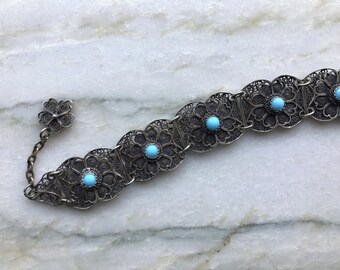 Trondheim bracelet - vintage 1920s filigree panel bracelet - 20s 30s Art Deco Northern European silver & turquoise curved bracelet