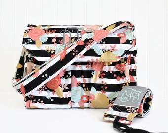 Personalized Floral and Gray Padded DSLR Camera Bag and Camera Strap in Mint Pink Gold Canon Rebel T3i EOS 55mm Monogrammed Bag