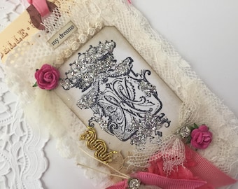 French Crown Gift Tag Rose Lace Tag, Mixed Media Art Tag, French Gift Tag