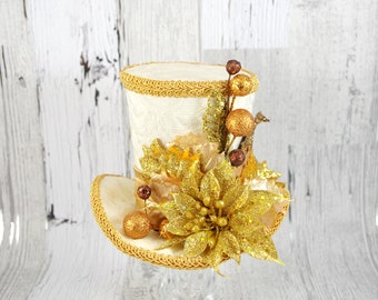 Gold and Cream Holiday Large Mini Top Hat Fascinator, Alice in Wonderland, Mad Hatter Tea Party, Bridal, Victorian, Christmas