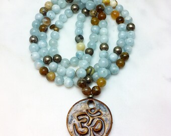 Devi Mala - Aquamarine, Opal, and Pyrite Mala Beads- Buddhist Prayer Beads, 108 Mala Beads - feminine-masculine energies and oneness