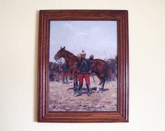 Antique Victorian Oil On Canvas Military Oil Painting of Soldier French Lancers