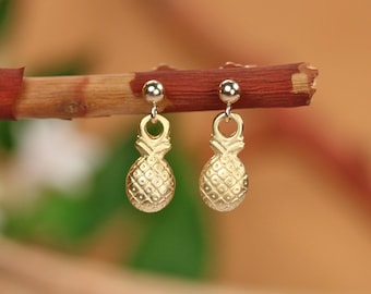 Gold pineapple earrings, pineapple stud earrings, tropical jewelry, fruit earrings, juicy pineapple studs, gold filled earrings