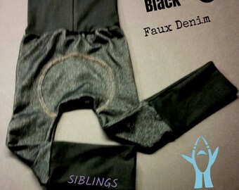 MAXALOONES Black Faux Denim, traditional "jeans gold" colored top-stitched bum, jegging fabric, grow with me unisex