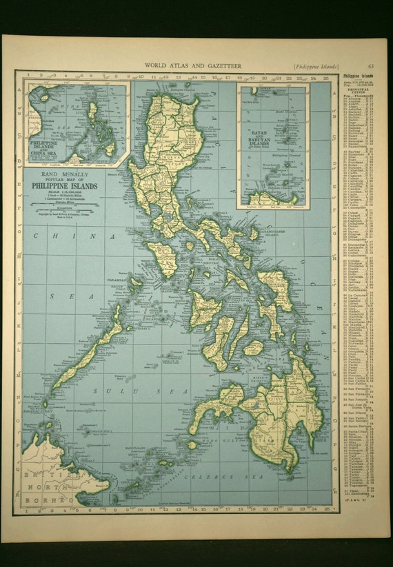 Philippines Map Phillippine Islands Map 1940s Green Blue