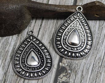 4pcs - 37x25mm - Teardrop Pendant - Silver Pendants - Metal Charms - Metal Pendant - Filigree Pendant - (3791)