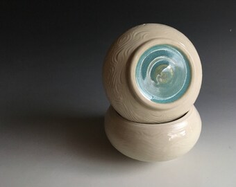 Extra Large, French Butter Keeper, 3 Sticks of Butter, Carved Wave, White with Big Aqua Dot, Butter Bulb (TM)