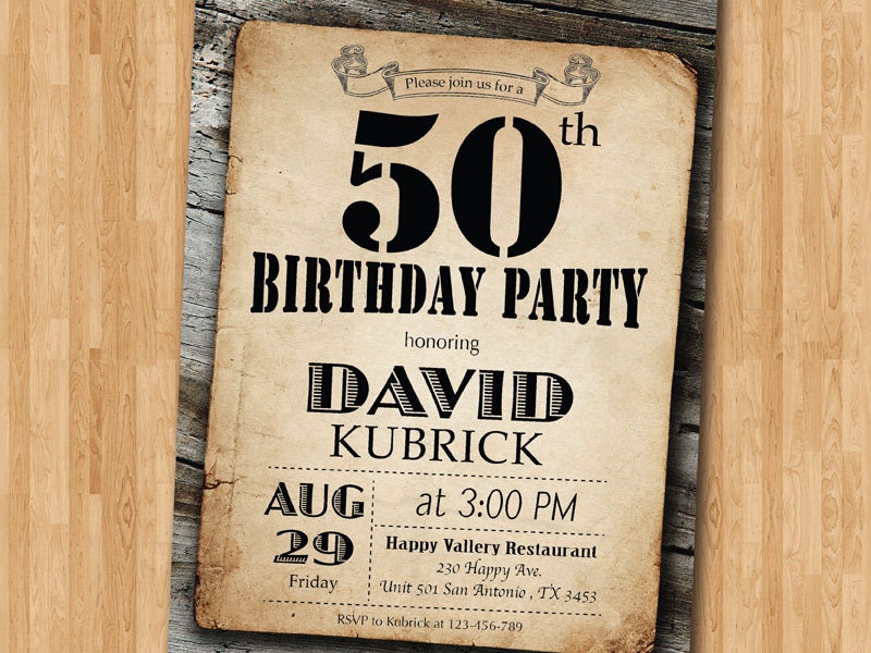 50th Birthday Invitation. Rustic invitation. Adult Birthday.