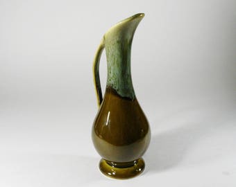 Avocado Vintage Drip Glaze Pitcher Vase, Made in the USA, Mid Century Vase, Green Glazed Handled Vase, Retro Pottery