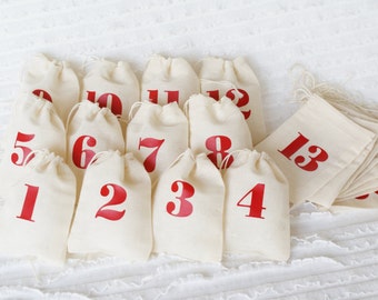 Advent Calendar Set - Red - Fabric Bags and Mini Clothespins - 3x4 Inch - Advent Kit - Christmas Countdown - Days Until Christmas - Reusable