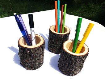 Wood Pencil Holder, Rustic Wood Vase, Rustic Wood Caddy, Natural Wood Stationary Holder, Wooden Desk Accessories, Wooden Pencil Holder