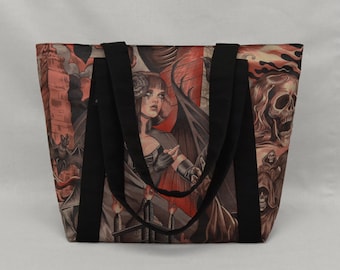 Red and Black Gothic Zippered Tote Bag with Pockets, Fabric Shoulder Bag, Sorceress vs Grim Reaper, Bats Skulls Ravens, Heavy Metal