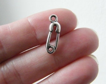 BULK 50 Safety pin charms antique silver tone P496