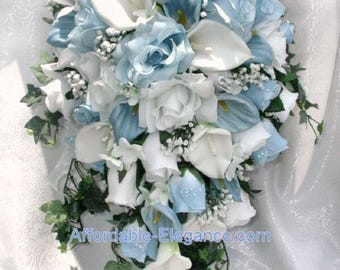 Light Blue & White Cascade Bridal Bouquet ~ Gorgeous Quality Real Touch Roses Calla Lilies Silk Wedding Flowers
