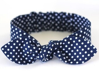Baby bow headband, baby girl headband, baby headband, navy and white, polka dot, baby knot headband, rockabilly, retro, "Audrey"