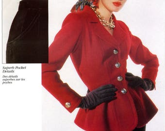 Vogue 1994 Paris Original Yves Saint Laurent Peplum Jacket Skirt Suit Size 14 16 18 Uncut Vintage Sewing Pattern 1997