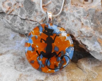 Kitty, Round Cat Lover Pendant, Glass Cat Pendant, Dichroic Glass Pendant, Round Glass Pendant, Blue and Orange Glass Necklace