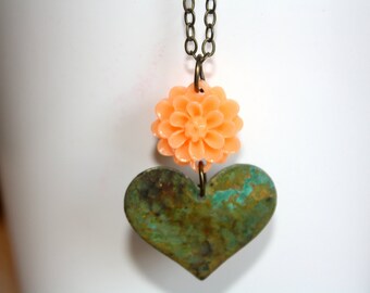 Heart and Flower Necklace, Antique Bronze Necklace, Heart Necklace, Patina