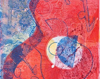 Abstract Guitar Art, Classical Guitar Art, Guitar Art Print, Guitar Wall Art, Red Blue Wall Art, Hand pulled Print, Original Monoprint OOAK