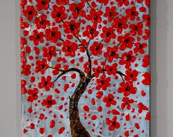 Textured, red blooming tree 8 x 10, acrylic painting on canvas
