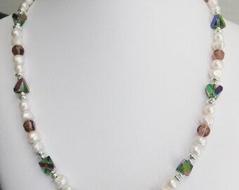 AB Chevron Glass and Freshwater Pearl Necklace