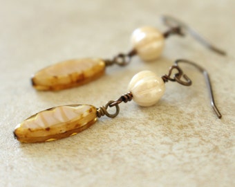 Beige Earrings, Champagne Earrings, Caramel Earrings, Creamy Earrings, Czech Glass Beads, Boho, Dangly Earrings, Neutral Colors