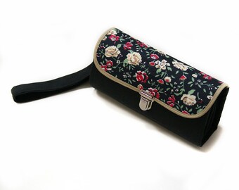 Medium envelope system wallet clutch - black floral roomy cash system clutch, coupon wristlet, quality handmade women wallet - READY TO SHIP