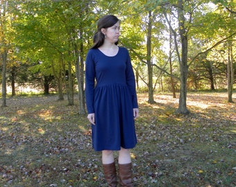 Womens Long Sleeve Gathered Cotton Jersey Knit Dress Made in the USA Organic - Handmade to order - Gathering