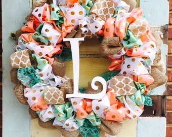 Baby Girl Coral/Mint Hospital Door Wreath