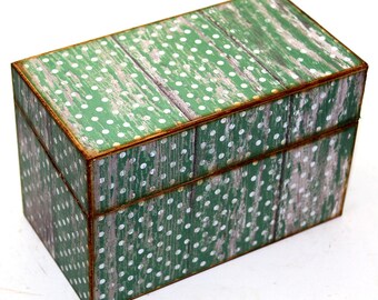 Wood Recipe Box Faux Barn Wood Green Polka Dots Fits 4x6 Recipe Cards